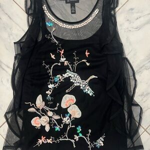 INC Embellished Black Floral Top with Flutter Sides, Size XL